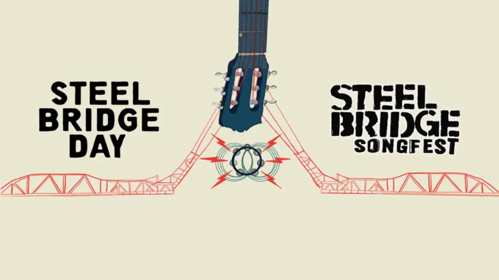Graphic with guitar and sturgeon bay bridge promoting Steel Bridge Day and Steel Bridge Songfest