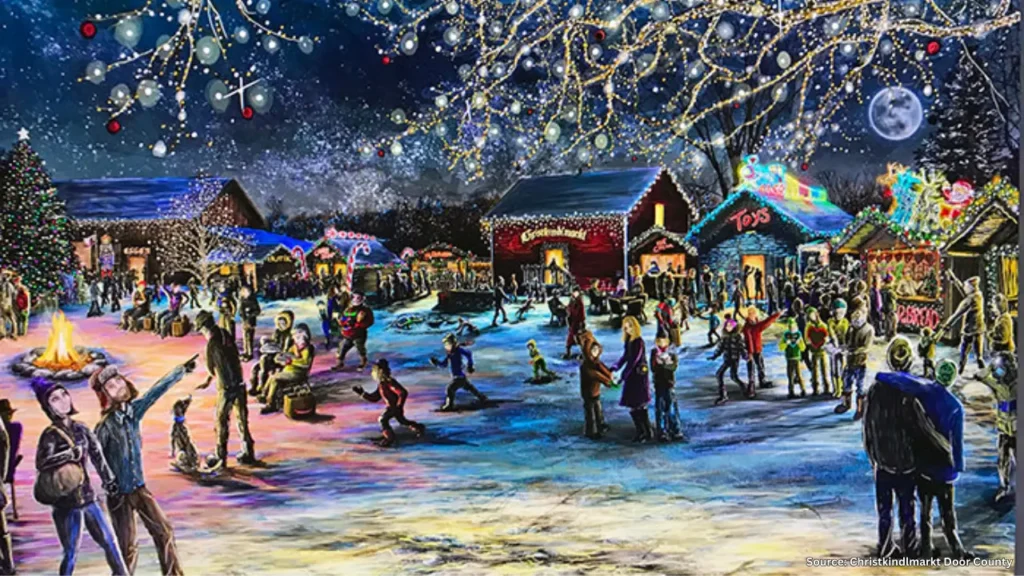 Christmastime illustration with people at Christmas Market